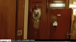 guy licks numbers on his hotel room door