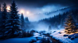 fir forrest scenery, heavy mist,valley,creek,forest,christmas ,tree,,nature,night,snow,fir tree,high-quality photograph,zeiss prime lens, bokeh , high detail, smooth render, unreal engine 5, dust effect, vivid colors,night