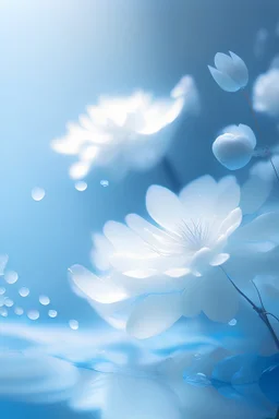 Soft blue colors, floating, ambient music, soft light, relaxing image, flowers, pro Shoot, detailed, realistic, 4k