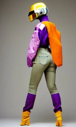 Asa akira as model. Camouflage colors are terracotta, cream and purple, lilac and Cream latex, imperial yellow, red plum. Baggy jeans, plants.European daft punk woman. Mantle is sewed of recycled Denim and sewed together of recycled polymer felt. lace, Yellow(Munsell) areas. hint of orange as effect color!!Big bright purple/khaki felt tippet and cream or blue or lilac colored-hood. mantle is merged with satchel. . AKG-style headphones (gold rings!) is merged with felt cap, cyan small visor.