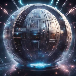 the capital letter H. Encased in a futuristic object which looks like a giant spaceship or dyson sphere. background is space. lots of greebling, lasers, tubes, cyberpunk details.