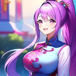 Clear focus, 8k, high quality, detailed, beautiful lighting, girl, vibrant colors, blue long hair, vibrant pink eyes, chinese clothes, ponytail, laughing