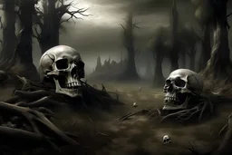 hell, city of the dead, dead forest, human and robot skulls, realistic image, photographic image