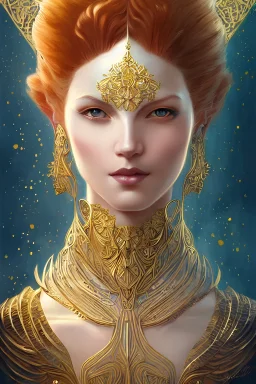 Beautiful and playful ethereal ginger portrait, art deco, fantasy, intricate art deco golden designs, elegant, highly detailed, sharp focus, art by Artgerm and Greg Rutkowski and WLOP