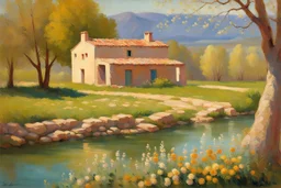 Sunny day, mountains, river, distant adobe house, flowers, spring trees, stone wall, spring, ludwig dettman and friedrich eckenfelder impressionism paintings