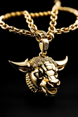 A gold chain with an iced out pumba pendant