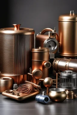 Please produce a photo of the parts of electrical household appliances used in homes inspired by copper, which should be a fresh photo and for the cover of a poster. Please, it should be kitchen electrical appliances. The number of items should be less