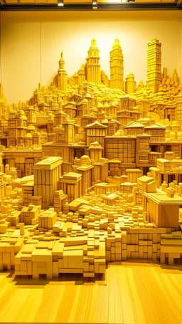 A golden yellow city made out of blocks painted by Zhang Lu