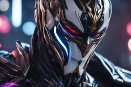 Jhin venom in 8k live action artstyle, white mask, normal eyes, wapen, close picture, neon lights, intricate details, highly detailed, high details, detailed portrait, masterpiece,ultra detailed, ultra quality