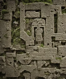 Ancient mossy ruin wall depicting hieroglyphs of futuristic technology