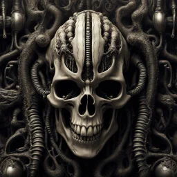 A MECHANICAL NON HUMAN SKULL AND DARK SLIMEY AND GIVING BIRTH SHARKS TEETH with a touch of H.R. Giger's biomechanical aesthetic. Hyperdetailed and rendered in 8k resolution, a true masterpiece. hyperdetailed intricately detailed Splash art action painting film noir photorealism psychedelic art telephoto lens aetherpunk horror post-apocalyptic VIVID IN COLOR well lit, high detail, photorealistic, horrorcore, fun, scary, none featured, each a different color or hue,