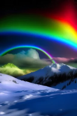 Ethereal rainbow over a snowy mountain range, with a full moon shining in the background, Starry sky, mystical, peaceful, serene, winter landscape, high detail..