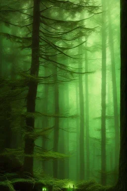 A powerful wizard using magic, green magic symbols, woods, forest background, dark scene, dramatic lighting