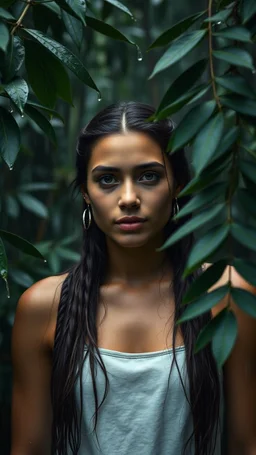 A beautiful young woman from the Amazon standing in a dramatic scene in a dense forest with A FIR BRUNCH under the rain. The background should feature raindrops falling around the leaves.