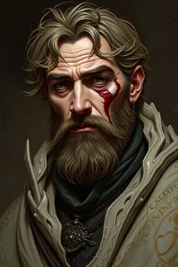 Fantasy noble scholar in his thirties with a large scar on his face
