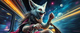 master oil painting by Rembrandt, scary ai sami white fox gremlin woman captain on space buss through space neon comet shower , motion blur background, goa trance poster