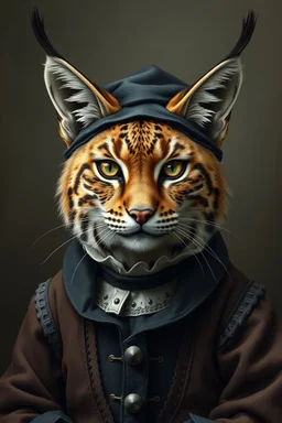 amish lynx with human eyes and hair tips on its ears dressed in amish outfit, painted by Rembrandt, Escher and Giger and some anime genious