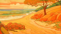 A light rosy orange colored beach near a cove painted by Paul Ranson