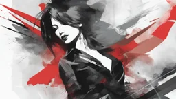 aesthetic, painterly style, modern ink, kurumi, red and dark, sensual, sultry, dark blouse, expressive pose, urbanpunk, abstract texture multilayer background, neo-expressionist , Russ Mills, Ian Miller