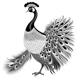 white, A peacock in flight, vector, white background, outline, with images neatly contained within the background, just black and white color, full body, no color. Front view.