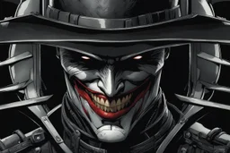 The batman who laughs in 8k comic book artstyle, joker smile, darkness them, close picture, cover eyes, apocalypse, intricate details, highly detailed, high details, detailed portrait, masterpiece,ultra detailed, ultra quality