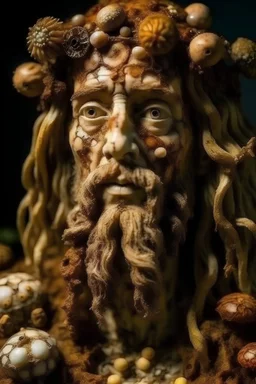 Jesus made of fungus, spores and mushrooms