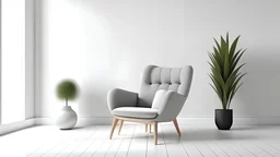 Scandinavian living room with gray armchair on empty white wall background. 3d rendering