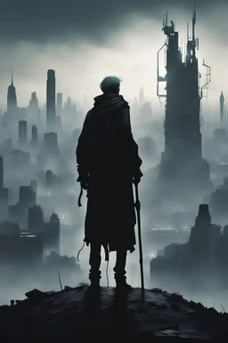 I'd like an old man dressed in rags and partially cyberized holding a staff, silhouette with his back turned looking at a dystopian city from extreme distance, giant social media screens in the distance, evoking feelings of loneliness