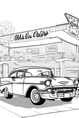 black and white outline art for an adult coloring page, a pristine 1957 Chevrolet Bel Air parked in front of a retro diner, full body, white background, sketch style, full body, only use outline, clean art , white background, no shadows and clear well outlined,