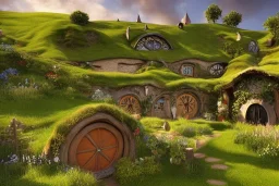 The town of Hobbiton in the Summer, the shire, beautiful scenic landscape, lord of the rings, wide angle, super highly detailed, oil painting, artstation, concept art, smooth, sharp focus, no blur, no dof, extreme illustration, unreal engine 5, photorealism, hd quality, 8 k resolution, cinema 4 d, 3 d, beautiful, cinematic, art by artgerm and greg rutkowski and alphonse mucha