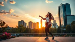 beautiful lady with makeup in pants and pretty shirt curvy long hair sport shoes dancing in a open stage in a modern city cnter ,flowers and trees ,blue sky ,pretty clouds,sunset golden hour