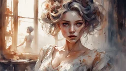 Elegant girl with fantastic face, intricate hairstyle, detailed dress, in bedroom setting, watercolor style blend influenced by Razumov, Volegov, Carne Griffiths, Wadim Kashin, ambient SF tones, intricate artwork with ominous undertone, matte painting resembling film poster, composition adhering to golden ratio, trending aesthetic on CGSociety, ArtStation, character model evoking Artg