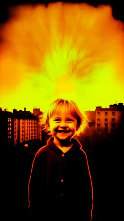 a la luz de una única estrella, un niño sonriente se está transformando en árbol, de fondo la ciudad arde en llamas, atmosfera de inminente peligro e incoencia, contrastes fuertes, luz vintage, fotografia kodak, en el estilo de dave mckean