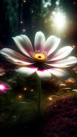 epic a full-size photo of a Cosmos atrosanguineus flower with innumerable petals, front illumination only, forest background, magic wake, fantasy illustration, sparks, glitter, grainy, noise, fractal crack effect, cinematic, deep depth of field, 3D, 16k resolution photorealistic, a masterpiece, breathtaking intricate details, reflective catchlights, high quality, abstract vector fractal, wave function, Zentangle, 3d shading