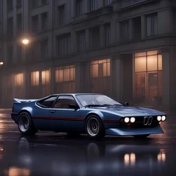 BMW M1 (1978–1981) in modern design, supercar, M-power, with hight speed tunning,rain,reflections,4k,raytracing,night,driving,1940s ruined berlin background, volumetric lights, rtx, Canon 5d, photorealism, candy, stance works,widebody, hyperreal, selective bloom, dof, thin lines, 8k textures, neon lights from cyberpunk, cinematic view, dramatic lights