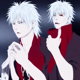 white haired anime vampire boy drinks deep red blood