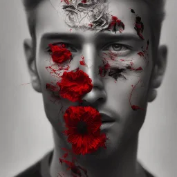 portrait of man with a fading red flower inside his face, high detailed black and white with red accents, digital painting.