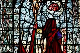 Cloaked woman holding fire, Dark moody night atmosphere, 8K, high body details, anatomically perfect bod, stained glass window