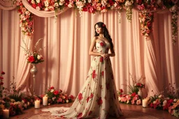 picture of lady with a maxi dress flower stye design posing in a art an romantic stage