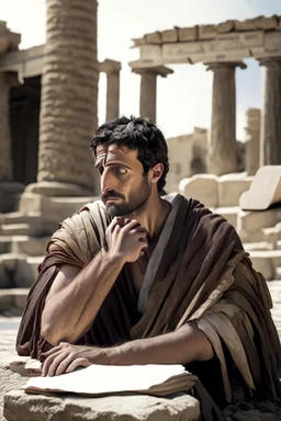 A Roman citizen of the third century, a 30-35-year-old man with kind eyes and a slight smile in poor clothes with a cross around his neck, sits on stones and writes on a papyrus scroll. He is sitting against the background of the ruins of Rome, against the background of the temple of Athena. High-quality 8K image in watercolor technique
