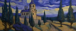 A lavender haunted castle painted by Vincent van Gogh