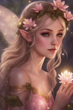 Pointed elven ears,Blonde hair ,Pink dress,Sparkling fairy wings,Very long golden hair,Fairy crown,pointed ears,elven ears,fairy wings,water lilies,sparkling,glittering,flowers,blossoms,golden crown,light pink dress