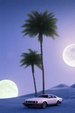 1980's aesthetic vaporwave palm trees with lighting with moon with audi in the winter snow