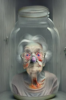 Elderly woman in a huge jar