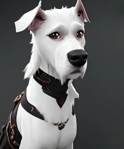 Cane bianco a pelo lungo con il musetto nero che indossa un armatura
