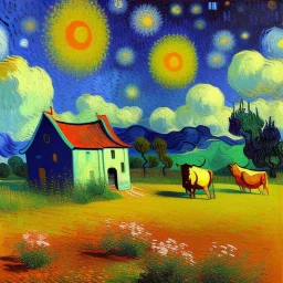 Dibujo al oleo de una pradera con una casa y una vaca con muchas nubes de colores estilo Vincent van Gogh