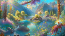 full light,highlight, trees, river, day, sun day, an idyliic forest with bright colorful flowers, mountains, sun,flower, a small river, paradise