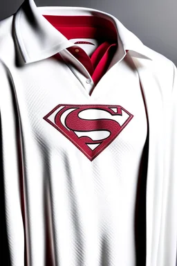 Men's Superman's Gucci Winter Dress Shirt elegant inspired by Superman's emblem design white tones with dual color on a white background, product catalog photography, soft spot lighting, depth of field, 4k –ar 3:5 –q 2