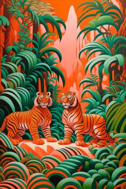 A light rosy orange colored jungle with tigers designed in Hawaiian tiki statues painted by Victor Vasarely