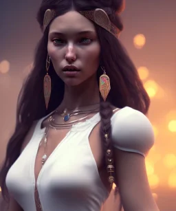 Gipsy, beautiful, curvy body, white fabric dress, beautiful long hair, bandana, long earings, head and shoulders portrait, holding tarot card, 8k resolution concept art portrait by Greg Rutkowski, Unreal Engine 5 volumetric lighting